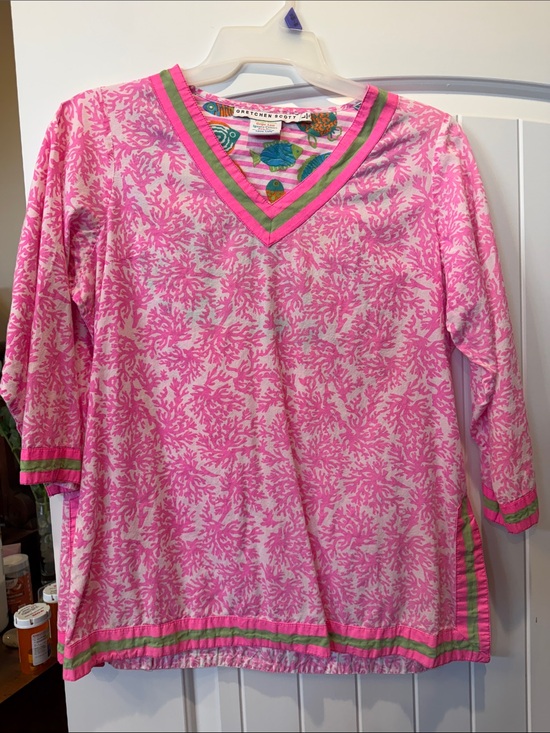 Gretchen Scott Designs Tops - Gretchen Scott Pink & Green Striped Coral-Print V-Neck Tunic